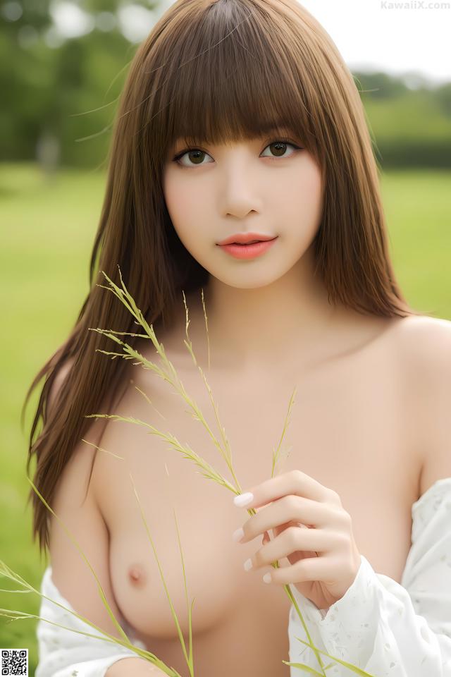A woman in a white dress holding a plant in her hand.