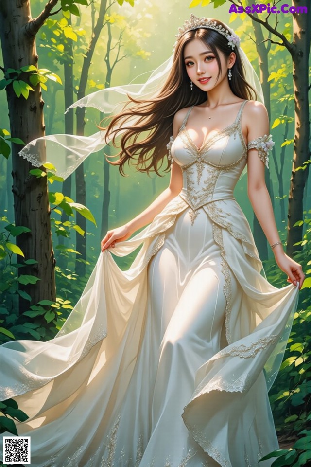 A woman in a wedding dress standing in the woods.