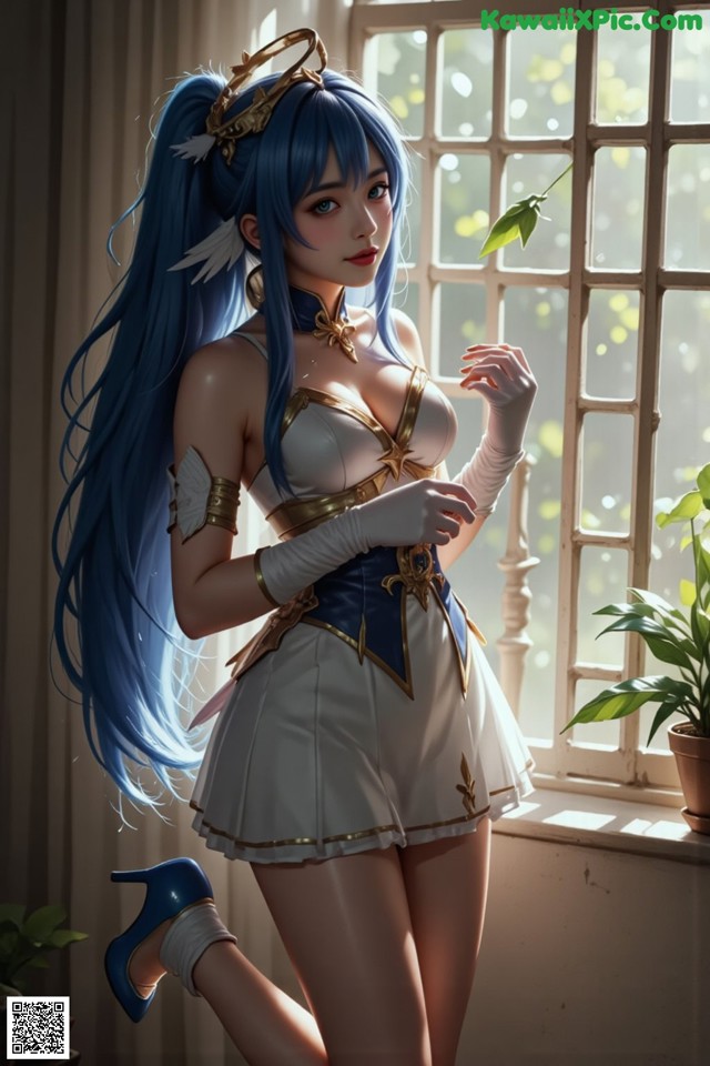 A woman with long blue hair standing in front of a window.
