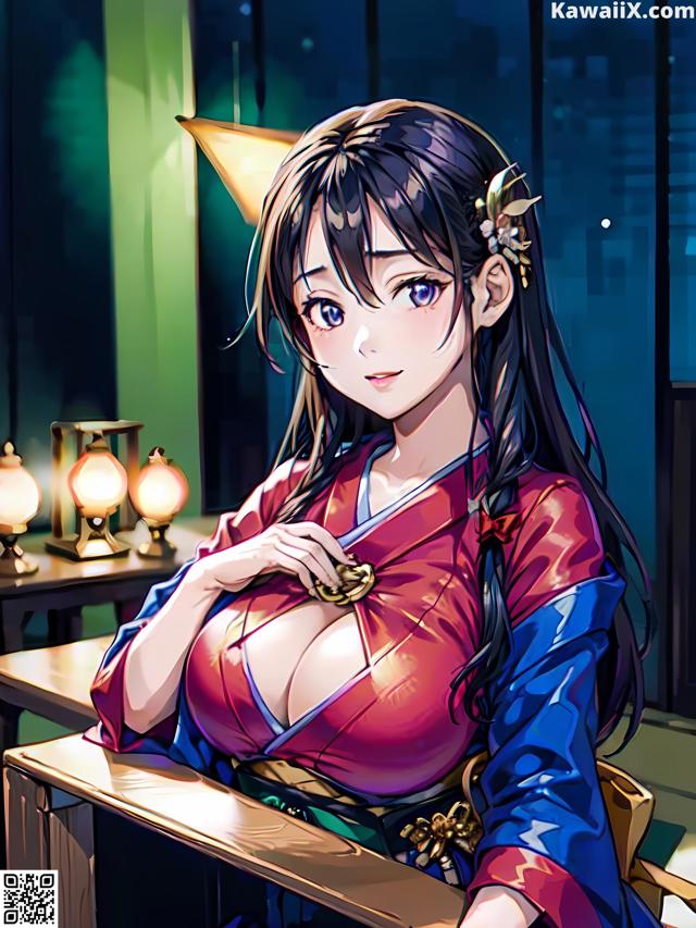 A woman in a red and blue kimono sitting at a table.