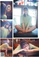 A collage of photos of a woman sitting on a table.